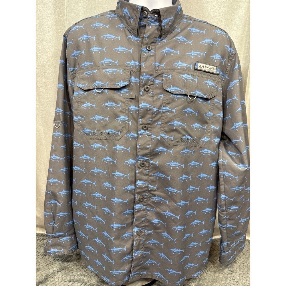 Realtree Fishing Mens Large Gray Tuna Fish Print Vented Button Down Shirt